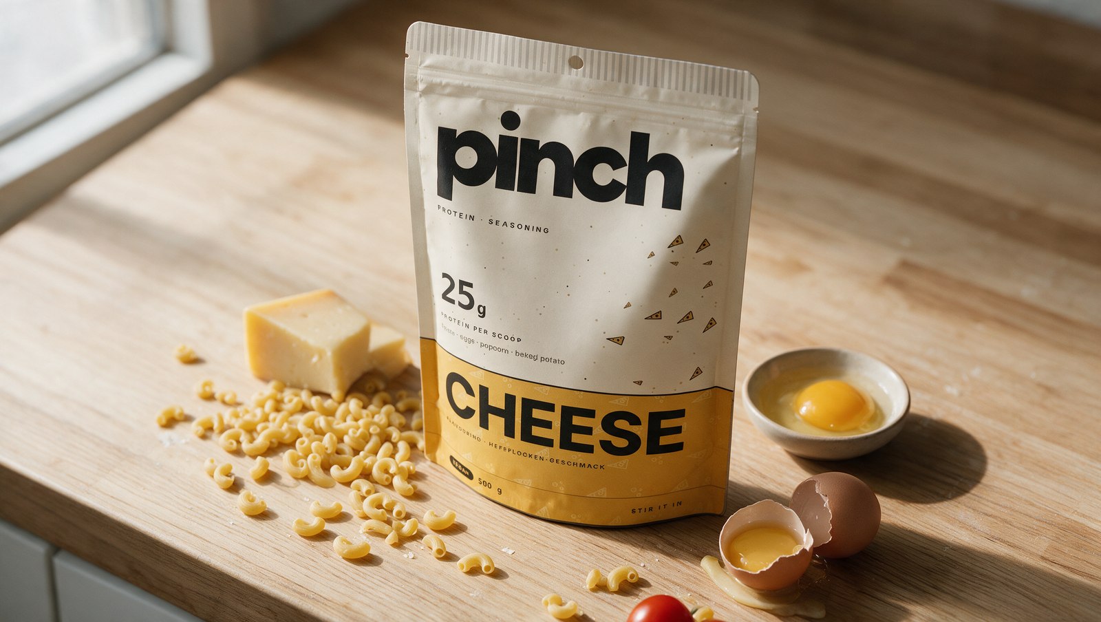 A Pinch Chilli pouch standing on a wooden kitchen counter next to pasta, cheese and an egg