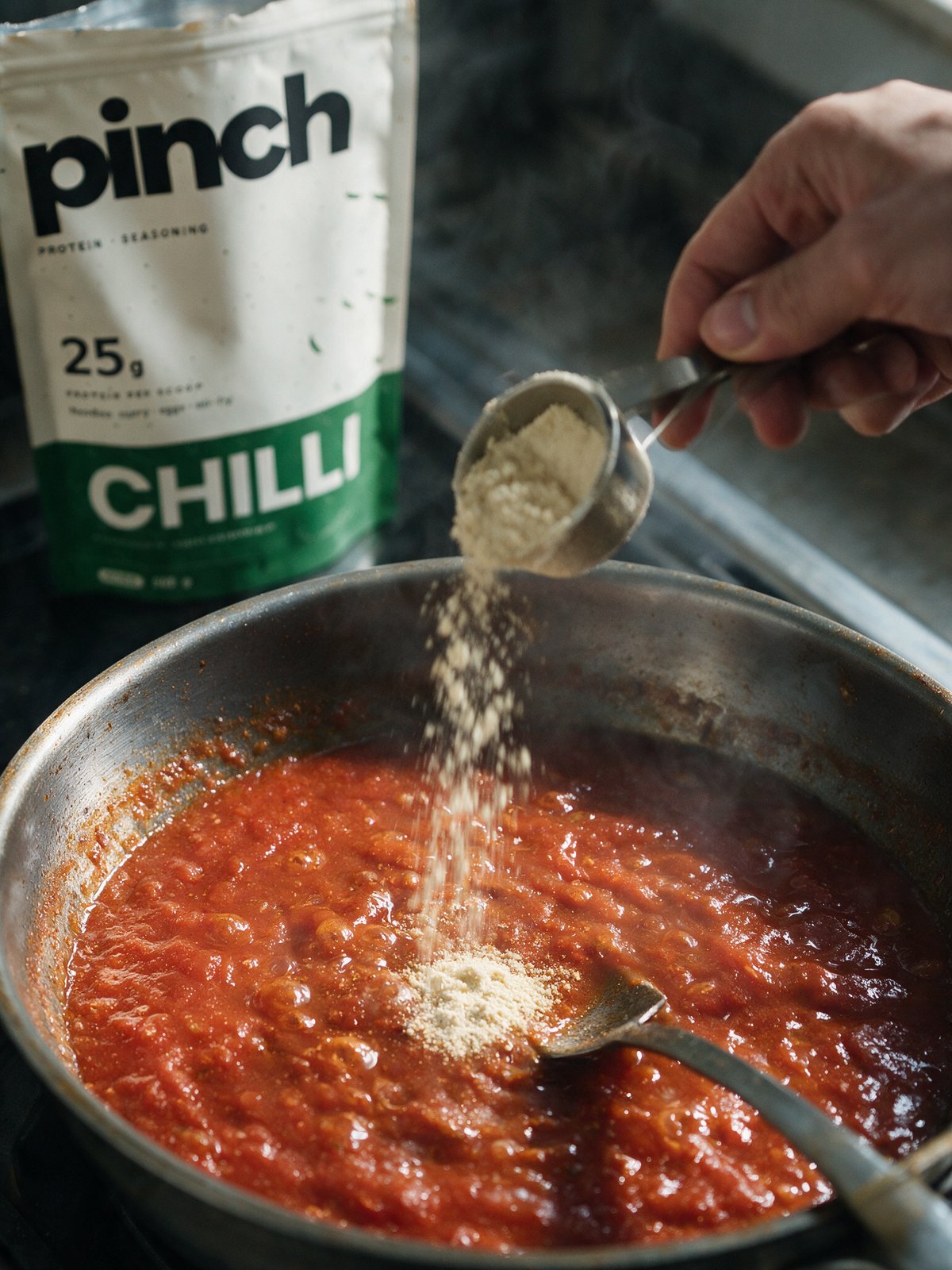 A scoop of Pinch being poured into a simmering pan of tomato sauce